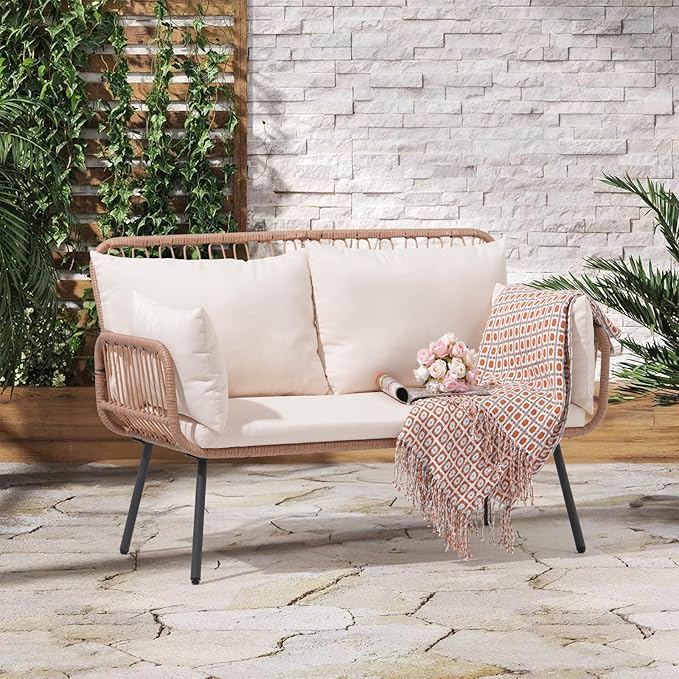 Verano Garden Patio Loveseat, Outdoor Balcony Furniture, Wicker Patio Set with Cushions & Pillows, Patio Furniture Couch for Porch, Backyard, Deck, Poolside (Cream White)