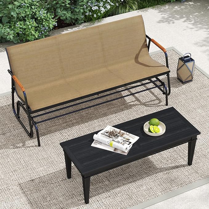 LDAILY Outdoor Glider, 2/3-Person Gliding Bench with Heavy-Duty Metal Frame & Teak Wood Armrests - Photo 2