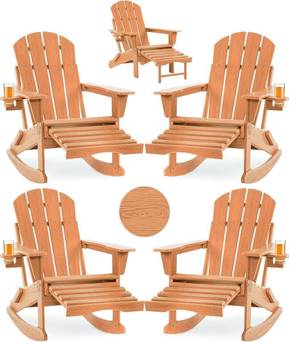 Folding Adirondack Rocking Chair Set of 4,4-in-1 Multifunctional Patio Chairs with Retractable Ottoman, Outdoor Chairs Wood Texture, Lawn Chair for Porch, Backyard, Pool(Teak)
