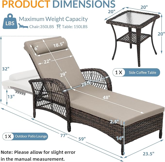 Outdoor Chaise Lounge Chair with Side Table, All Weather PE Rattan Patio Lounge Chair with Cushion - Photo 2