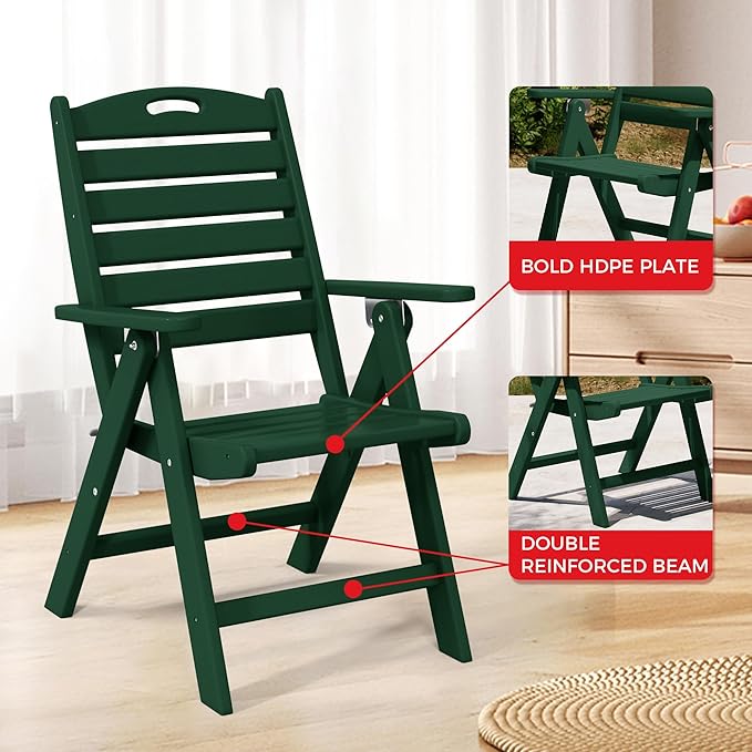 Costaelm Outdoor Adjustable Highback Folding Patio Dining Chair, HDPE Armrest Poly Lumber Restaurant Bistro Dining Chair for Outside Porch Backyard Garden, Dark Green