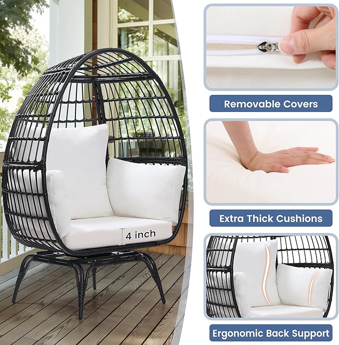 Oversized 360° Swivel Rattan Egg Chair for Adult, Indoor Outdoor Patio Large Wicker Egg Chair with Overstuffed Cushions, 440lb Weight Capacity, Black Rattan with Beige Cushion