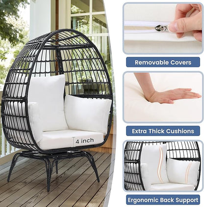 Oversized 360° Swivel Rattan Egg Chair for Adult, Indoor Outdoor Patio Large Wicker Egg Chair with Overstuffed Cushions, 440lb Weight Capacity, Black Rattan with Beige Cushion