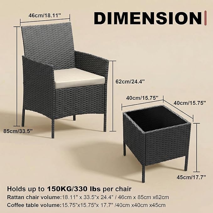 GarveeHome 3-Piece Patio Bistro Set, PE Rattan Outdoor Conversation Furniture with 2 Cushioned Chairs & Coffee Table - Photo 2