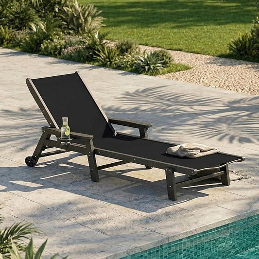 Patio Chaise Lounge Chair with Wheels & Cup Holder, HDPE Textilene Outdoor Lounge Chair 5 Positions Adjustable for Poolside Deck Patio Backyard (1, Grey Frame, Black Textilene)