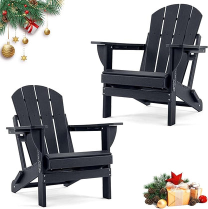 Folding Outdoor Adirondack Chairs Set of 2 with High&Reclining Back-HDPE Weather Resistant Patio Chairs with Cup and Phone Holder for Patio,Fire Pit, Garden and Backyard