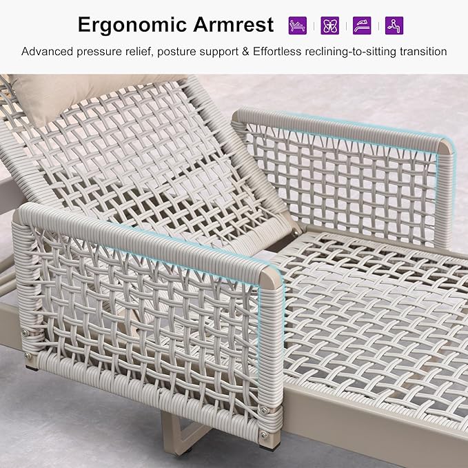 PURPLE LEAF 1 Piece Outdoor Chaise Lounge Rattan Wicker Lounger with Arms Poolside Furniture Adjustable Recliner Patio Lounge Chair for Beach Yard Garden Balcony, Champagne