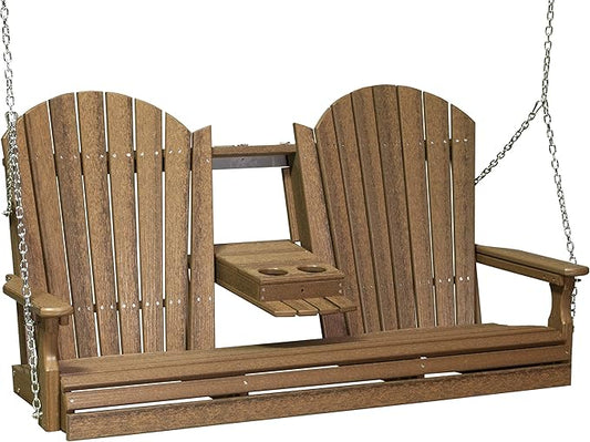 LuxCraft 5' Adirondack Hanging Porch Swing with Flip Down Console, Outdoor Patio Swing, Front Porch Swing, Outdoor Swing Bench (Antique Mahogany)