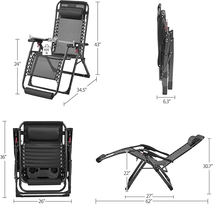Yaheetech 26" Zero Gravity Chair Folding Reclining Lounge Recliner with Removable Pad & Headrest & Side Cup Holder Tray for Indoor and Outdoor Black/1