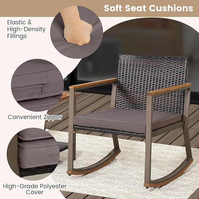 HAPPYGRILL 3-Piece PE Rattan Outdoor Rocking Chair Set with Coffee Table, Gentle & Smooth Rocking, Soft Seat Cushions, Ergonomic Design, Relaxing & Dining Conversation Set