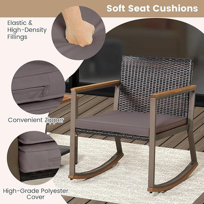 HAPPYGRILL 3-Piece PE Rattan Outdoor Rocking Chair Set with Coffee Table, Gentle & Smooth Rocking, Soft Seat Cushions, Ergonomic Design, Relaxing & Dining Conversation Set