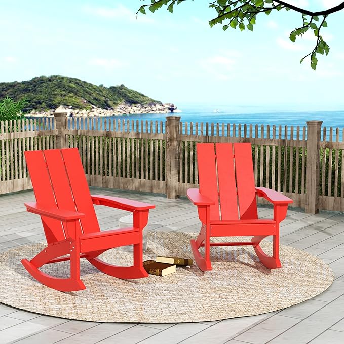 WO WESTIN OUTDOOR HDPE Shoreside Modern Rocking Poly Adirondack Chair (Set of 2),Red
