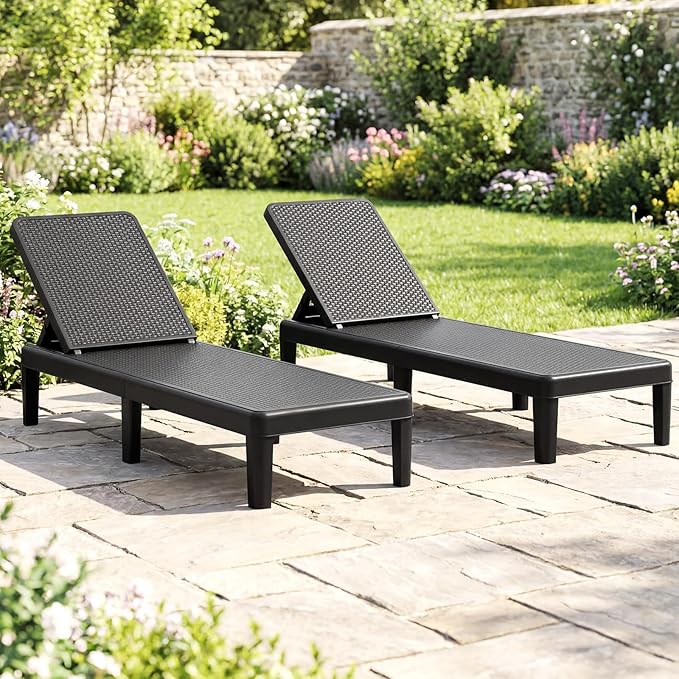 Tangkula Outdoor Chaise Lounger Chair, 4-Position Reclining Chair with Waterproof Rattan Textured PP Surface, 330 lbs Capacity & Easy Assembly for Pool Garden Deck Beach (1,Black)