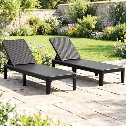 Tangkula Outdoor Chaise Lounger Chair, 4-Position Reclining Chair with Waterproof Rattan Textured PP Surface, 330 lbs Capacity & Easy Assembly for Pool Garden Deck Beach (1,Black)