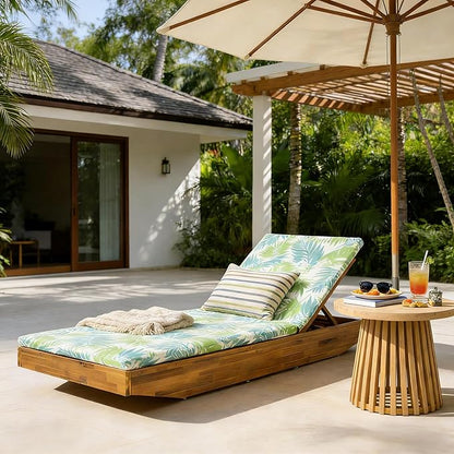 Acacia Wood Chaise Lounge with 2-Fold Thin Cushion - Teak Finish Outdoor Recliner with Dark Gray Water-Repellent Cushion, 79.6" L x 29" W, 300 lbs