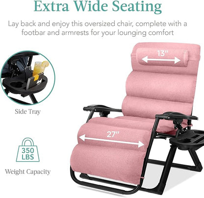 Best Choice Products Oversized Zero Gravity Chair, Folding Outdoor Patio Recliner, XL Anti Gravity Lounger w/Removable Cushion, Cup Holder, Side Tray, 350lb Capacity - Pink