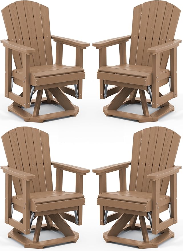 SERWALL Adirondack Swivel Glider Chair, HDPE Glider Set of 4 for Outdoor, All-Weather Glider Chair for Porch, Balcony, Wood Brown