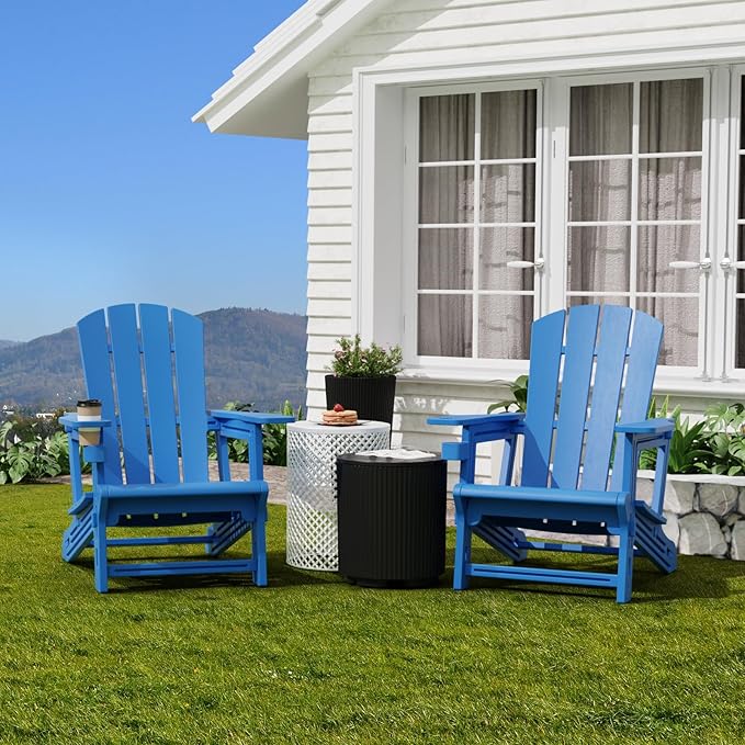 Adirondack Chairs Set of 2, Plastic Outdoor Adirondack Chair with Cup Holder, 400 LBS Capacity Recliner Chair Garden Chair for Patio Backyard Lawn Beach, Klein Blue