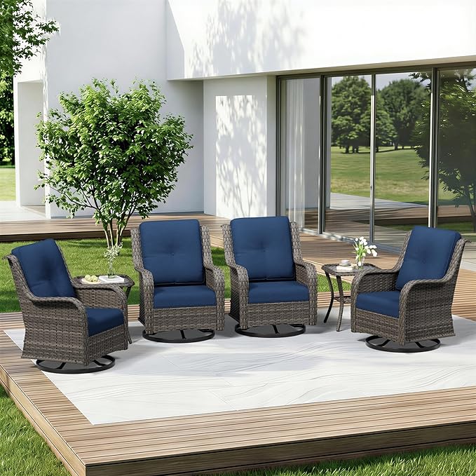 6 Piece Outdoor Wicker Patio Furniture Set, Outdoor Swivel Rocker Patio Chairs Set with Thickened Olefin Cushions, High Back and Deep Seating, Hand-Woven PE Rattan for Porch, Deck