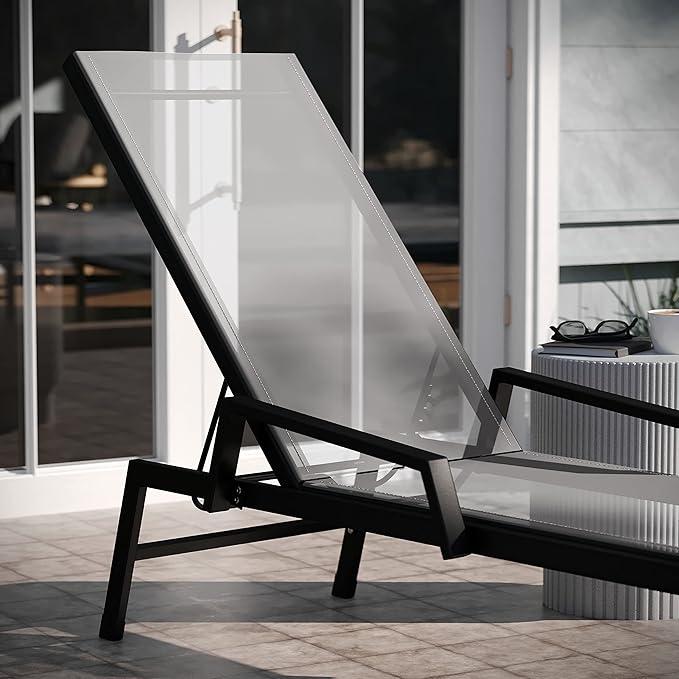EMMA + OLIVER Braelin Adjustable Patio Chaise Lounge - Gray Textilene Seat - 5 Recline Positions - Metal Frame - Photo 6
