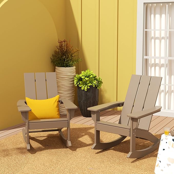 WO WESTIN OUTDOOR HDPE Shoreside Modern Rocking Poly Adirondack Chair (Set of 2),Weathered Wood