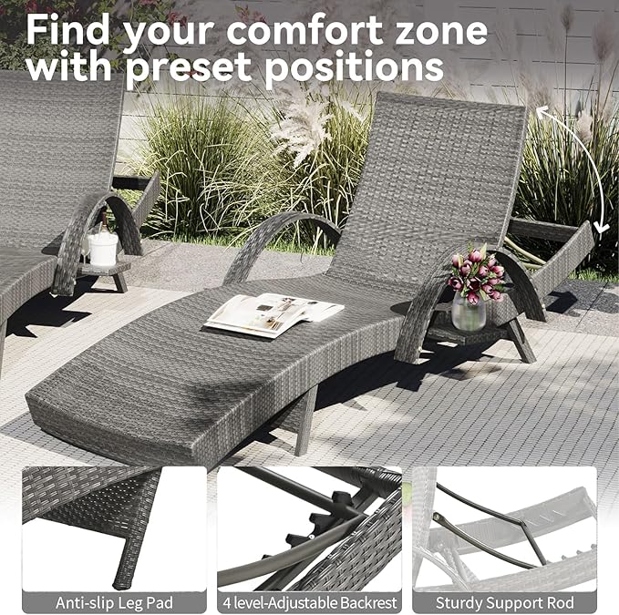 Yayzy 80'' Long Outdoor Wicker Chaise Lounge Chairs Set of 4, Patio Rattan Reclining Chair with Adjustable Backrest & Armrests, Durable PE Rattan Sunbathing Chairs for Pool, Garden, Backyard, Grey
