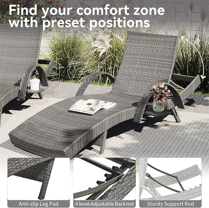 Yayzy 80'' Long Outdoor Wicker Chaise Lounge Chairs Set of 2, Patio Rattan Reclining Chair with Adjustable Backrest & Armrests, Durable PE Rattan Sunbathing Chairs for Pool, Garden, Backyard, Grey