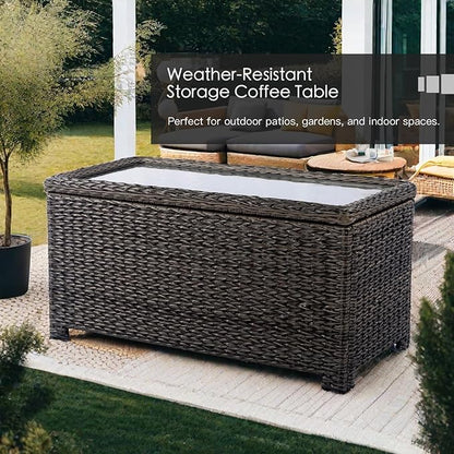 Classic Wicker Patio Coffee Table with Storage, 40'' All-Weather Rattan Outdoor Coffee Tables, Tempered Glass Flip-Top, Waterproof for Porch Backyard, Dark Brown