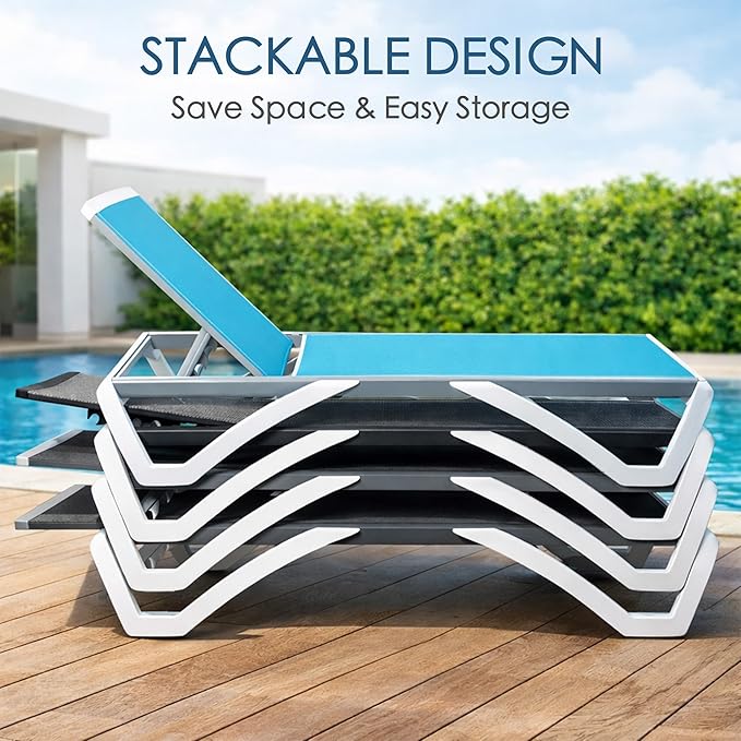 Kozyard Outdoor Chaise Lounge Chair, Full Flat Adjustable Patio Lounger with Aluminum Frame & Resin Legs, Textilene Fabric for Poolside, Backyard & Beach (Aqua/WhiteFrame, 2Chairs + Table)