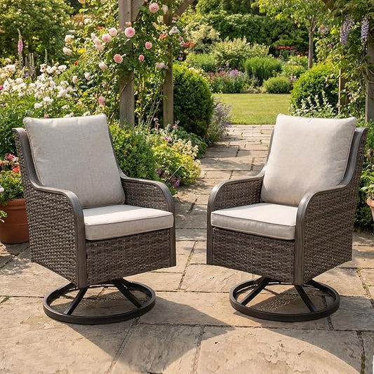 Loungewave Swivel PE Wicker Chair Set of 2, Outdoor High Back Swivel Patio Chairs, 360 Degree Outdoor Swivel Chair with Cushion, Patio Furniture for Porch Balcony Garden Poolside (Brown/Beige)