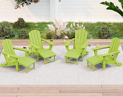 KINGYES Folding Adjustable Adirondack Chair with Ottoman Set of 4, HDPE Adirondack Recliner Chair with Footrest, Apple