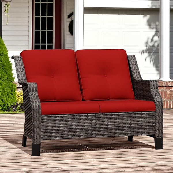 Outdoor Patio Loveseat, All-Weather 2-Seater Wicker Loveseat with Cushions, Outdoor Patio Love Seat Sofa for Garden - Photo 1