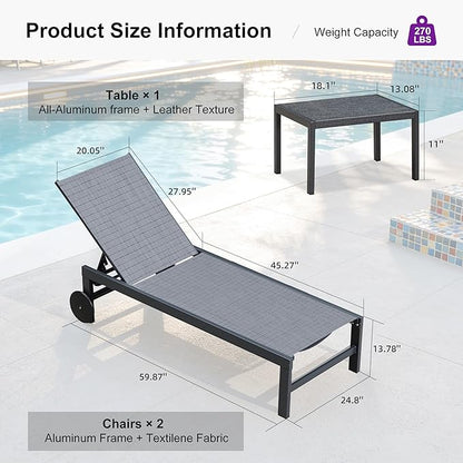 PURPLE LEAF Chaise Lounge Chair with Wheels for Outside 4 Pieces Aluminum Outdoor Lounge Chairs with 5 Adjustable Position Recliner for Patio Beach Yard Pool Side Table Included Mixed Grey