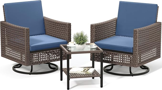 YITAHOME Outdoor Swivel Chair 3 Pieces, Wicker Patio Furniture, Porch Furniture, Swivel Wicker Patio Chairs with Rattan Side Table, Thickened Cushions for Porch, and Yard, Blue