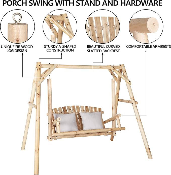 MUPATER Wooden Patio Porch Swing Glider Outdoor with A-Frame Stand - Photo 7
