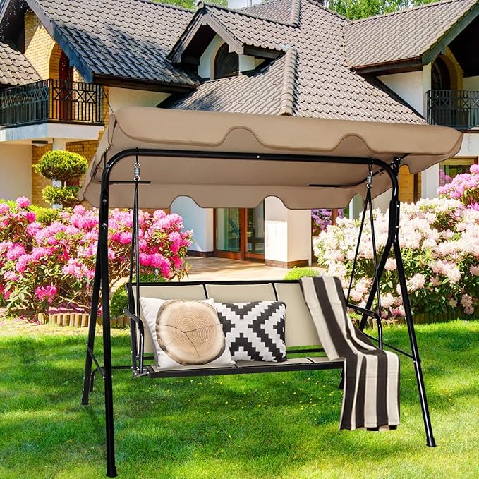 Tangkula 3 Person Patio Swing, Steel Frame with Polyester Angle Adjustable Canopy, All Weather Resistant Swing Bench - Photo 3