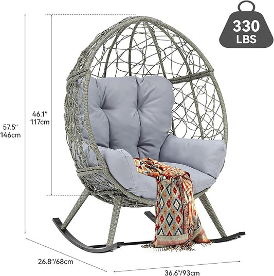 YITAHOME Outdoor Rocking Egg Chair with Cushioned Comfort, Wicker Patio Rocker 250lb Capacity, Anti-Slip, All-Weather Resilient Rattan Design for Indoor & Outdoor Relaxation Spaces, Light Grey