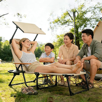 Folding Outdoor Chaise Lounge Chair with 360°Shade, 4 Position Portable Sun Tanning Chair with Headrest, Foldable Beach Lounge Chair with Cup Holders & Wooden Armrests for Patio Pool Lawn (Beige-B)