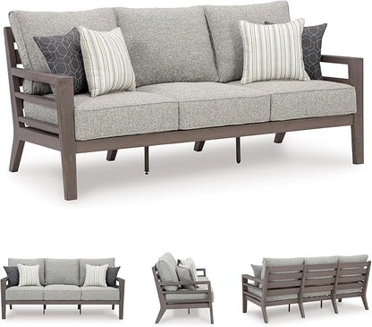 Signature Design by Ashley Hillside Barn Contemporary Nuvella Weather Resistant Fabric Outdoor Sofa with Cushion and 4 Throw Pillows, Light Brown & Light Gray