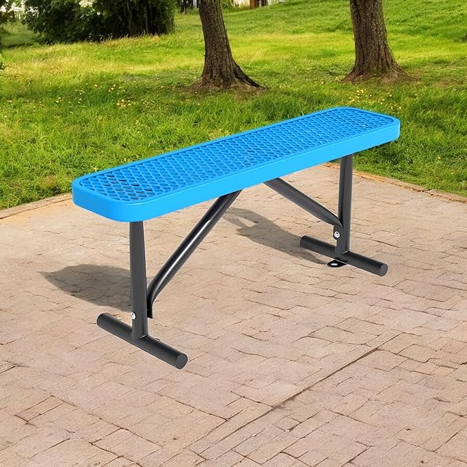 4 Feet Outdoor Steel Bench, Blue Heavy Duty Metal Park Bench for Outside, Weatherproof Dock Bench, 48" L Commercial Benches Mesh Bench for Shopping Mall, Store, Lawn, Park, Patio, Deck, Garden