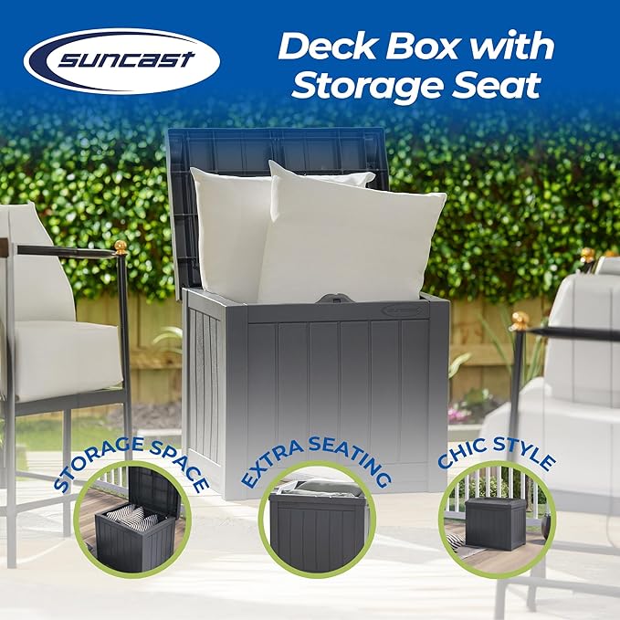 Suncast 2 Pack Small Deck Box Storage w/ Bench Seat for Indoor & Outdoor Use, 22 Gal., Cyberspace