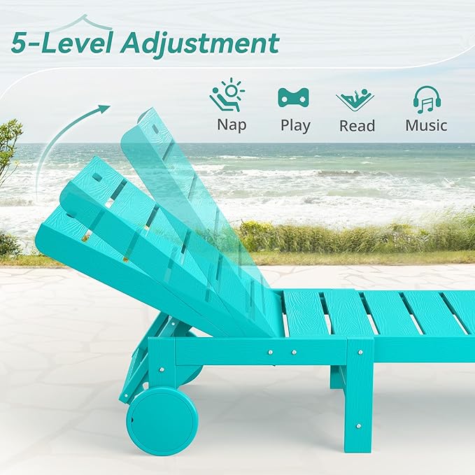 Outdoor Chaise Lounge Chairs Set of 2, 2-Piece, 26.8” Super Wide Lounge Chair Outdoor, HDPS Pool Chairs with 5 Positions, Patio Lounge Chair with Wheels for Pool,Lawn,Backyard, Aruba Blue