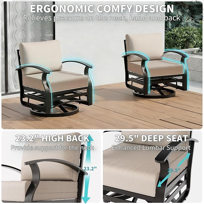 Gotland 4 Piece Patio Set, Metal Outdoor Swivel Chairs Set of 2 with 2 Ottoman 5.1’’ High-Resilience Seat Cushions Removable Cushions, Aluminum Patio Furniture Set for Lawn, Porch, Balcony, Khaki