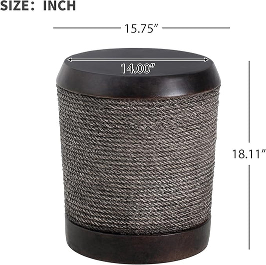 Outdoor Side Table Concrete End Table Faux Stone Side Tables with Braided Cord Small Round Coffee Tables for Indoor Outdoor, Garden Stool Plant Stand for Porch, Patio,Dark Brown