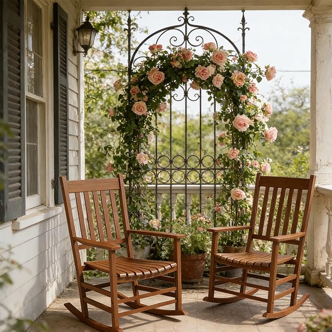 2Pcs Wooden Rocking Chairs, Wood Classic Slatted Patio Porch Rockers for Porches, Backyards, Poolside Balconies, Decks(Teak)