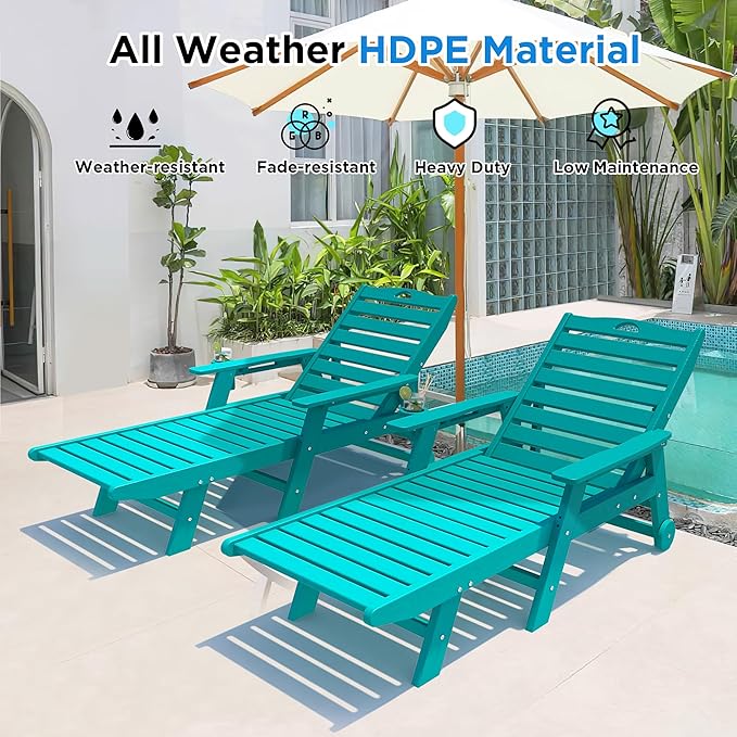 nalone HDPE Chaise Lounge Chair Outdoor with Wheels & Cup Holder, Pool Lounge Chairs with 5-Position Adjustable Backrest, Supports Up to 400 LBS for Patio Poolside Deck Beach Backyard (Aruba)