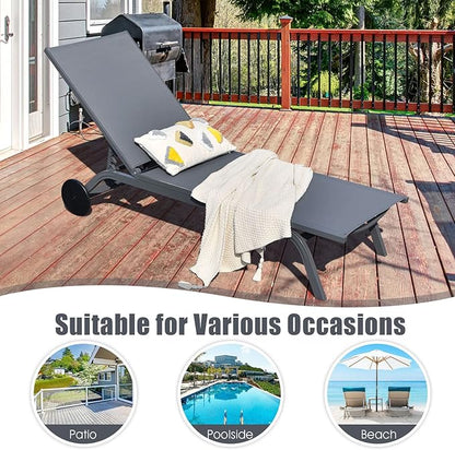 Tangkula Outdoor Aluminum Chaise Lounge, Patio Lounge Recliner Chair w/6 Adjustable Backrest, Reclining Chaise Chair with Wheels for Beach, Yard, Balcony, Poolside (1, Gray)