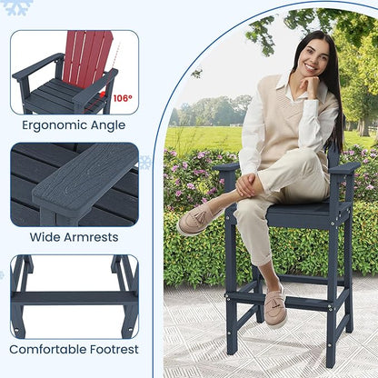 Tangkula Outdoor Tall Adirondack Chair 30 Inches Seat Height, HDPE Bar Height Patio Chair with High Backrest, Armrests and Footrest, Outdoor Bar Stool for Balcony Deck Garden Poolside (2, Navy)