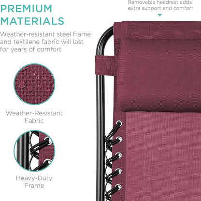 Best Choice Products Set of 2 Adjustable Steel Mesh Zero Gravity Lounge Chair Recliners w/Pillows and Cup Holder Trays - Burgundy