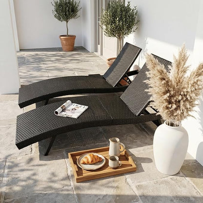 OVENTA Outdoor Wicker Patio Chaise Lounge Chair with Wheels Set of 6, Black Rattan Pool Furniture Lounger for Outside Poolside Lounges, Jumbo Co Chaise Lounge Chairs, Wicker Patio Pool Furniture